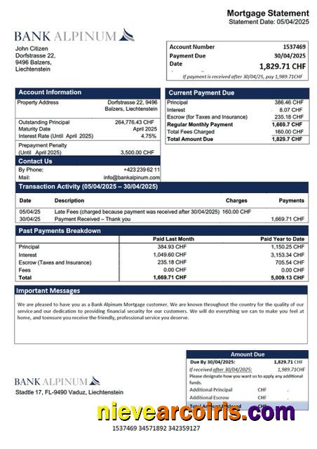 Liechtenstein Bank Alpinum mortgage statement Word and PDF template